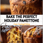 Golden sourdough chocolate chip panettone with orange peel baked in a pan and dusted with sugar for Christmas.